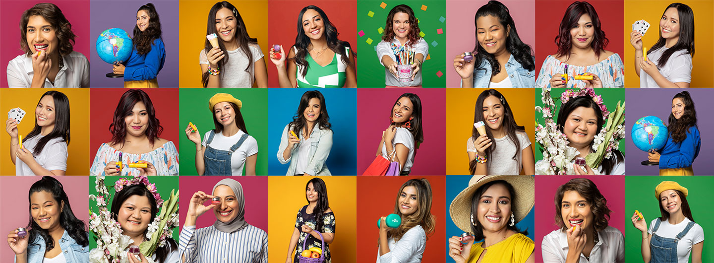 Women smiling with colorful backgrounds 